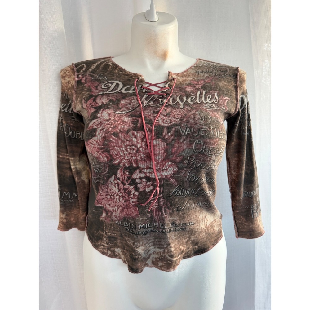 Skinny Minnie Y2K Graphic Lace Up Top Size M Brown‎ Pink Dance Theme Boho Artsy